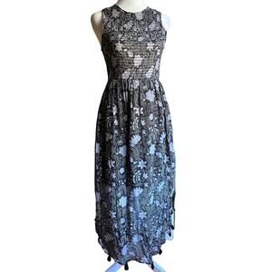 BANJANAN | Black Purple Floral Smocked Bodice Curved Hem Cotton Dress | Sz XS